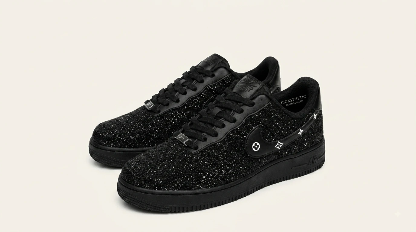 Black-on-black bespoke sneaker pair finished in fine crystal glitter, paired side profile