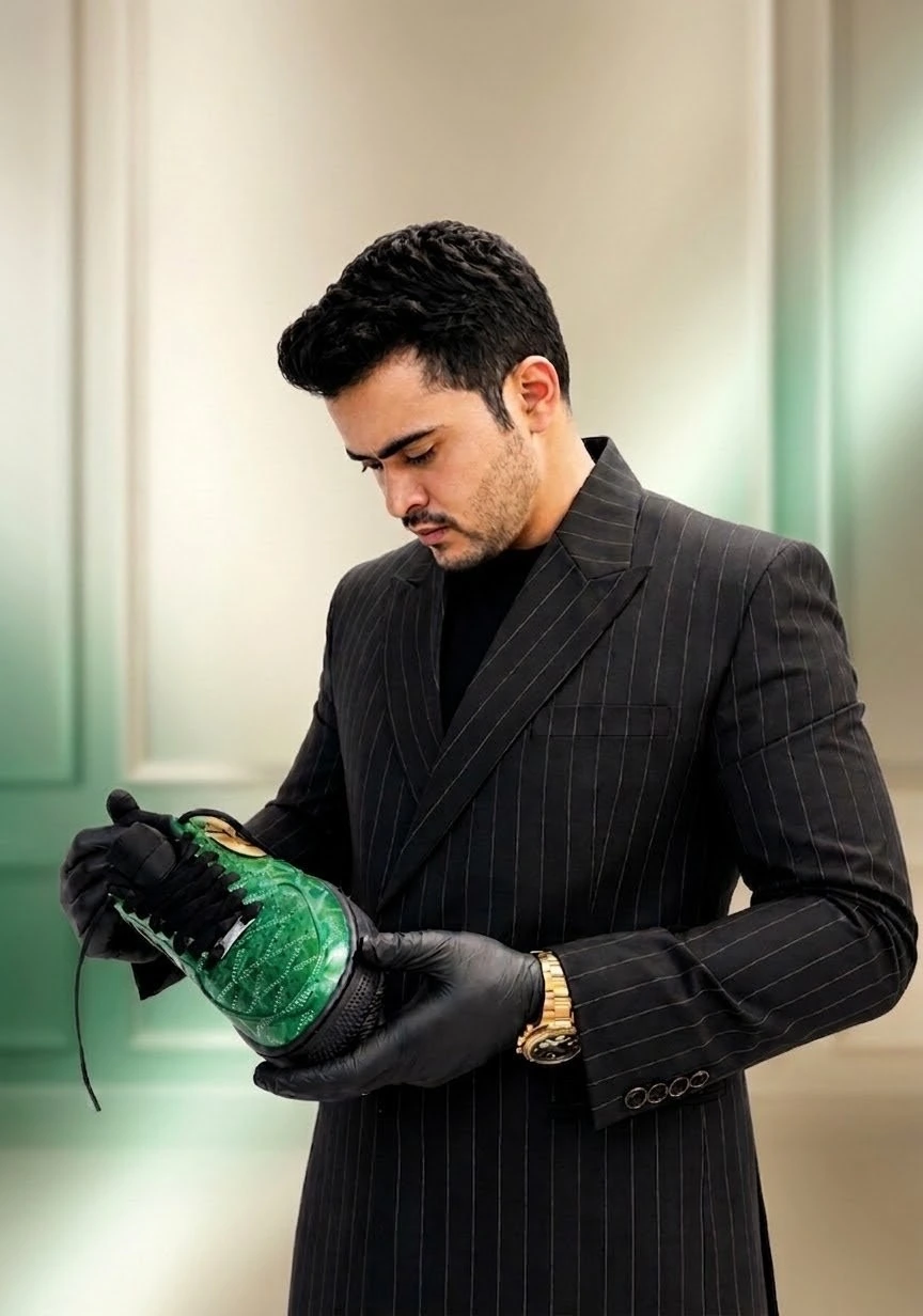 Kicksthetic founder in a full-head maker portrait, examining a green and gold bespoke sneaker