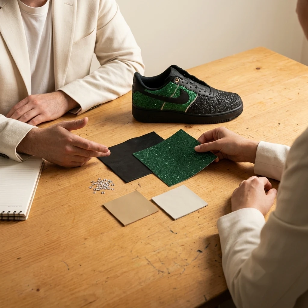 The maker and a visiting collaborator reviewing black and emerald leather swatches, loose crystals and a partially finished sneaker sample together at the workshop table